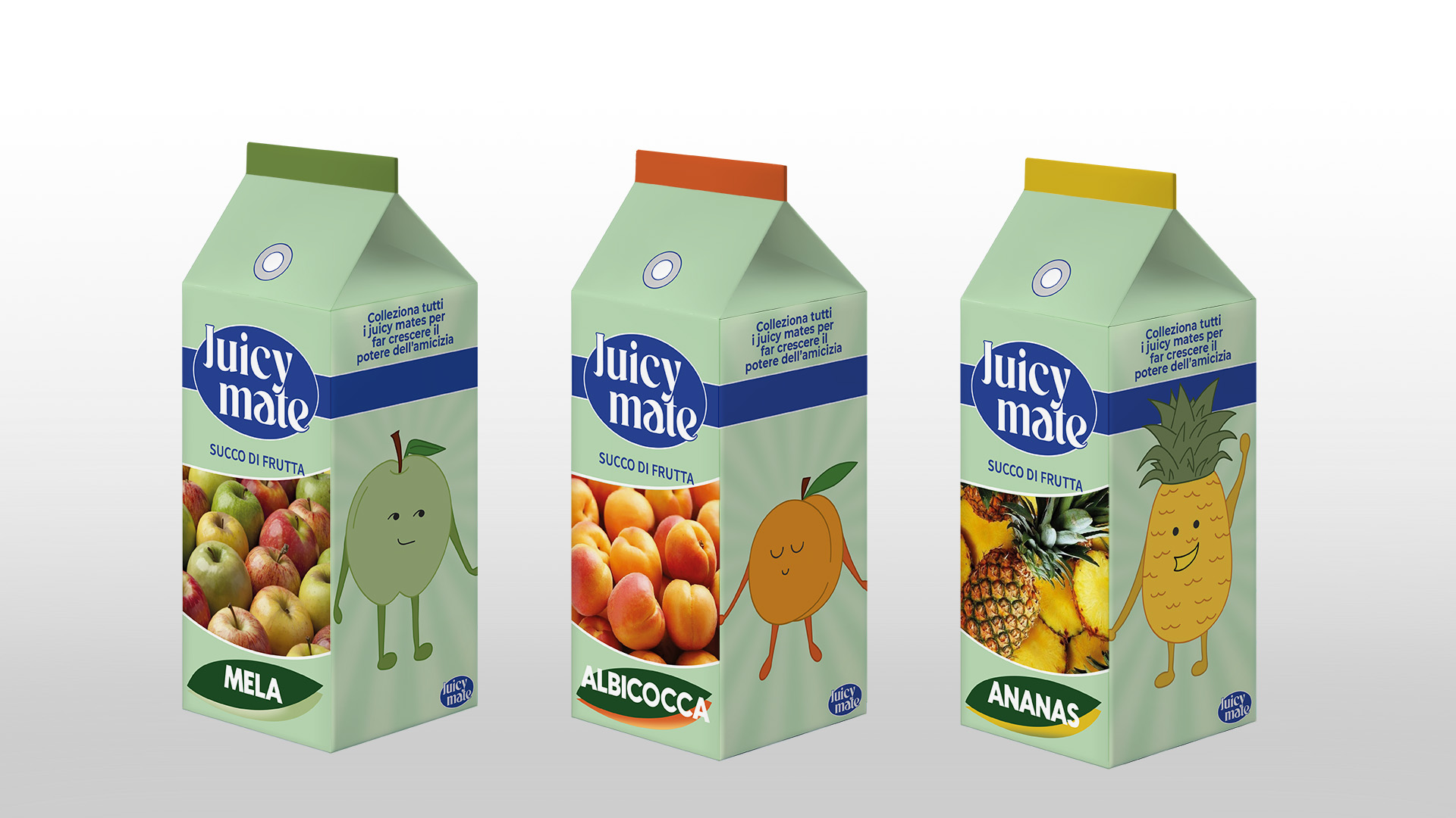 Tra Tetra Pak di succo di frutta con vista frontale-laterale