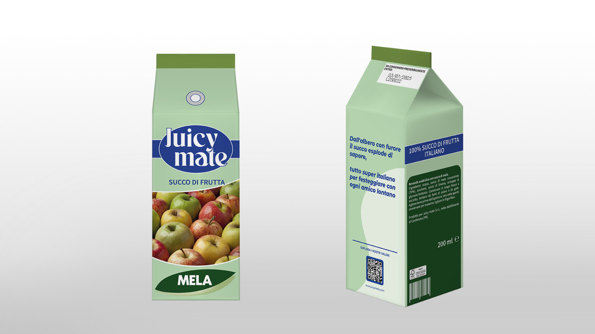 Due Tetra Pak di succo di frutta alla mela con vista frontale e retro