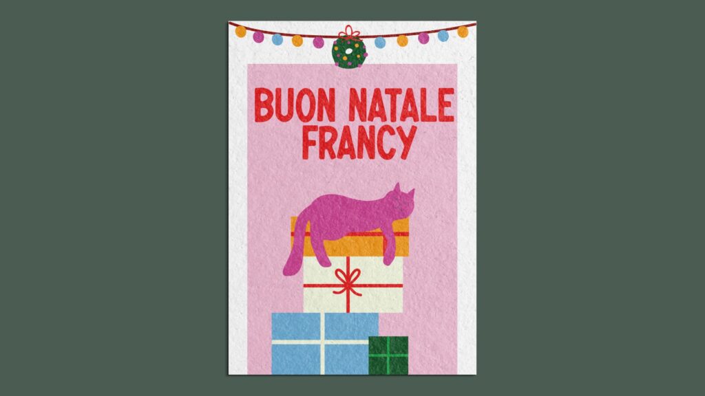 Cartolina "Buon Natale Francy" con un gatto e dei regali